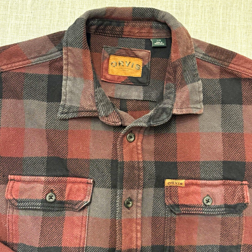 Orvis Men's L Plaid Flannel Cotton Long Sleeve Button-Up Pockets Shacket Rugged